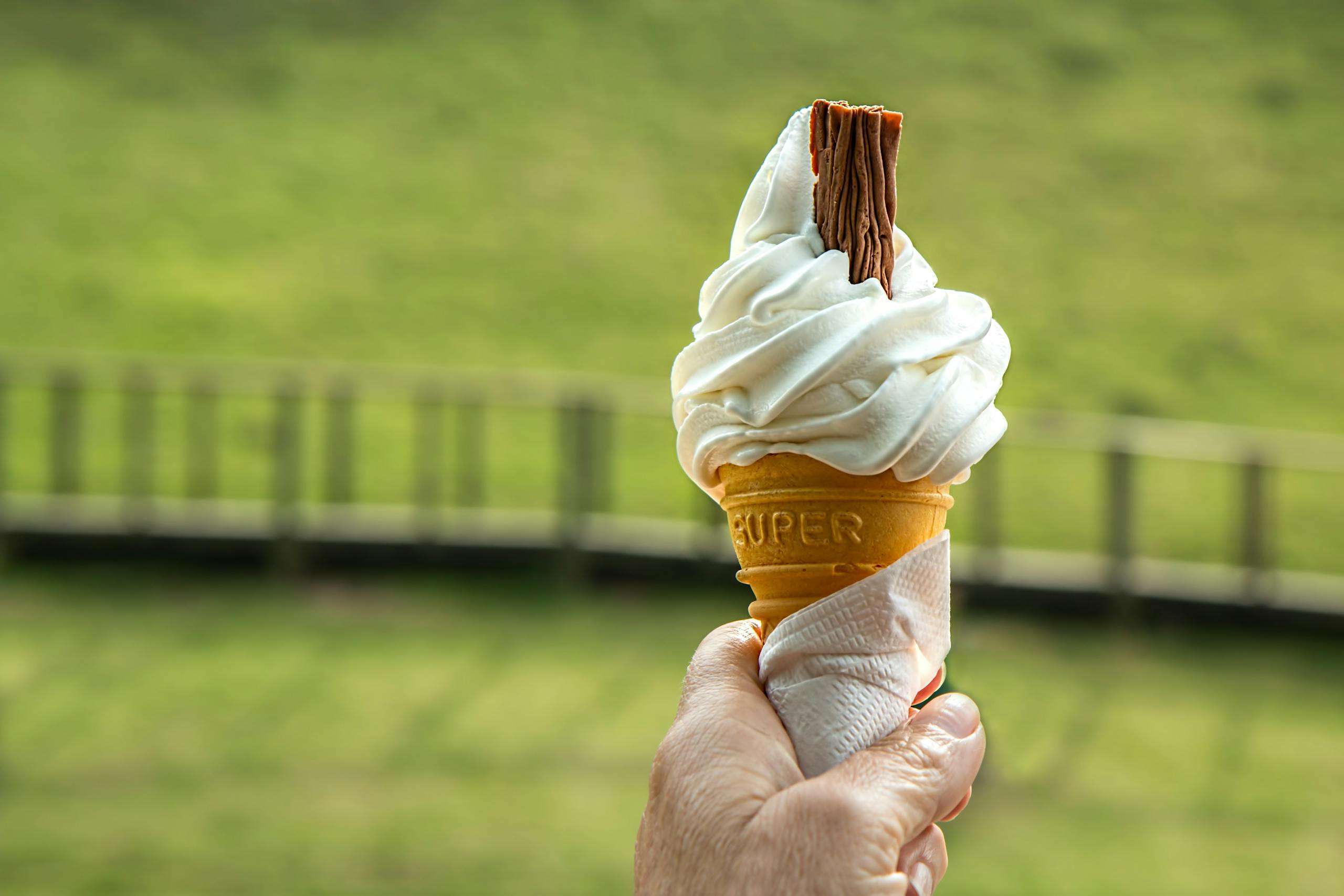 Enjoying a soft vanilla ice cream cone with a chocolate flake on a sunny perfect day
